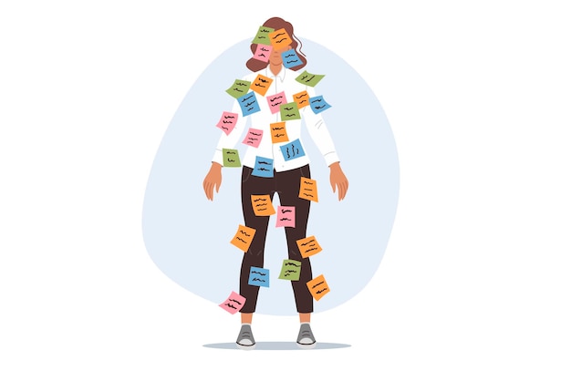 importance of multitasking causes stress for business woman with stickers on face and body