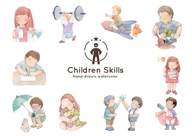 Important children skills hand-drawn watercolor illustration