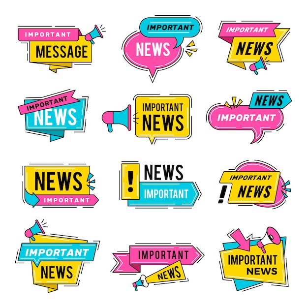 Important news Announcing banners discount ads sticker with place for text recent vector templates Illustration of news banner advertising and discount