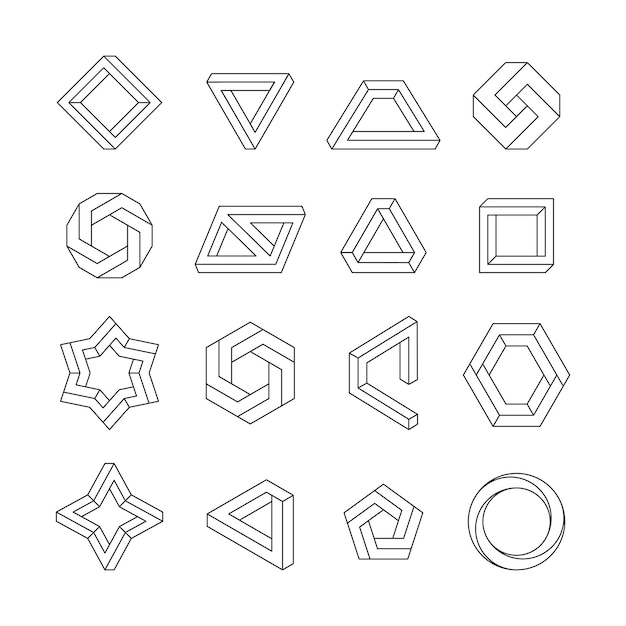 Vector impossible figures abstract geometric linear shapes infinite optical illusion objects 3d cube triangle and hexagonal twisted graphic elements vector isolated set