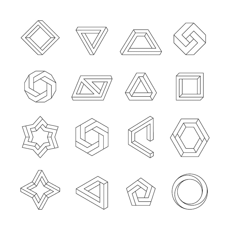 Vector 無限光學錯覺物體 3d立方體三角形和六角形扭曲圖形元素 矢量孤立集合