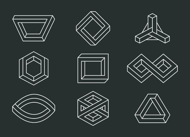 Vector impossible optical illusion geometric shapes unreal abstract elements visual delusion figures flat vector illustration set