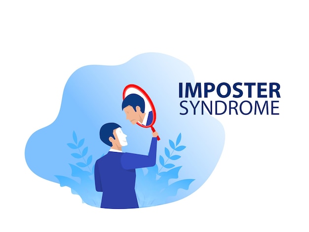 Imposter syndrome.businessman Een spiegel met angstschaduw erachter houden. Angst en gebrek aan zelfvertrouwen op het werk, de persoon vervalst is iemand anders concept