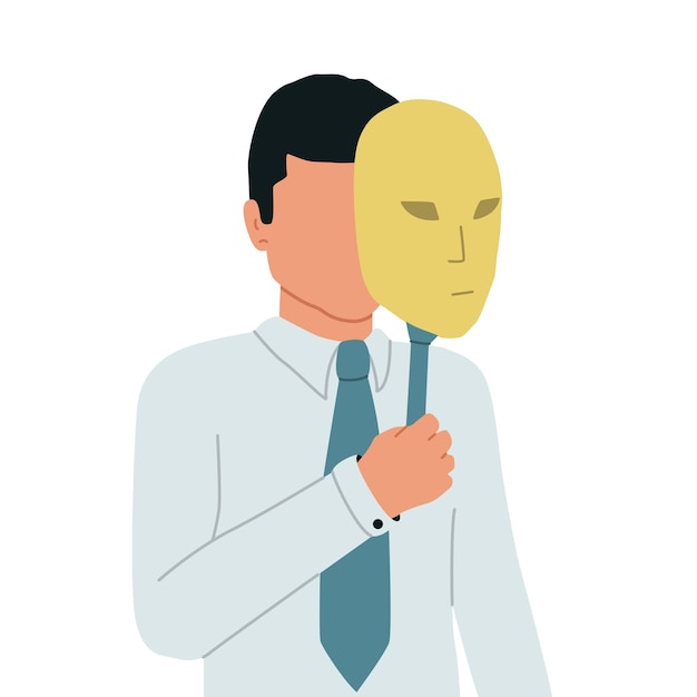 Imposter Syndrome. The businessman hides his face behind a theatrical mask. The man hides his identity.   illustration.