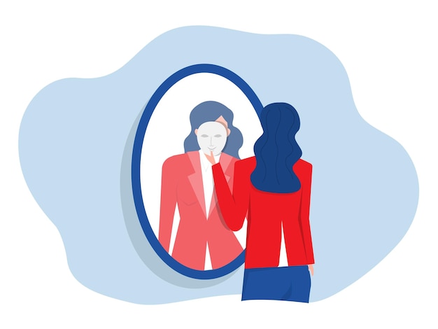 imposter syndrome. a businesswoman looks in the mirror and takes mask his imposter