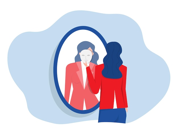 Imposter syndrome. a businesswoman looks in the mirror and takes mask his imposter