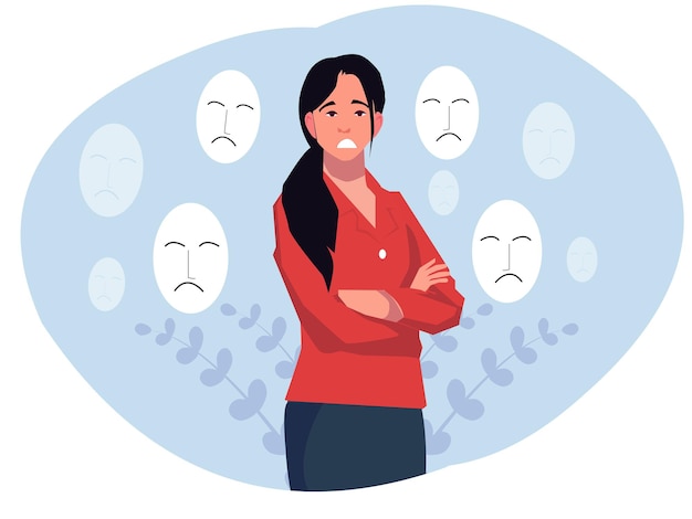 imposter syndrome Girls Sad covering face expressions problems bipolar disorder hypocrisy and split personality Mental health illness and psychological problems concept vector illustrator