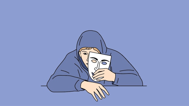 Impostor syndrome A mysterious young man holds a theatrical mask in his hand and looks from behind it Vector illustration of a man who hides his identity