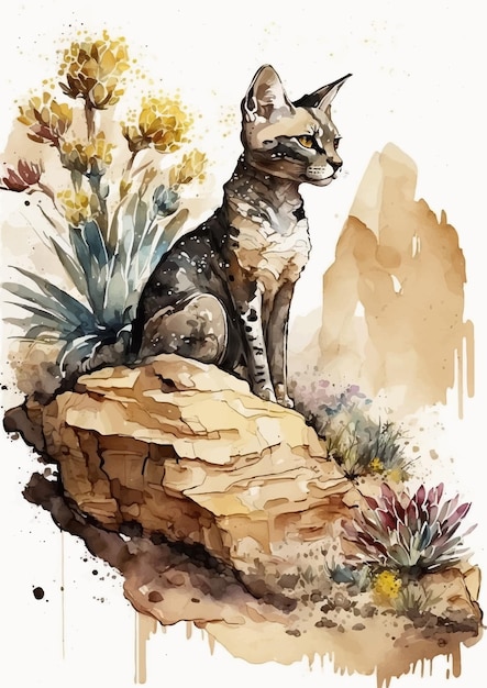 Impressionistic and dreamy watercolor painting of a sphinx cat