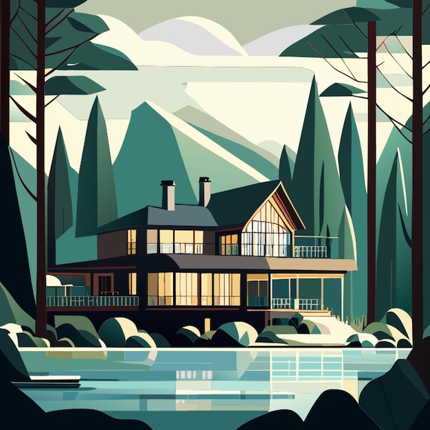 Вектор Впечатляющий дом на озере красивая вилла в озере дом на озеро с деревом элегантный новый коттедж