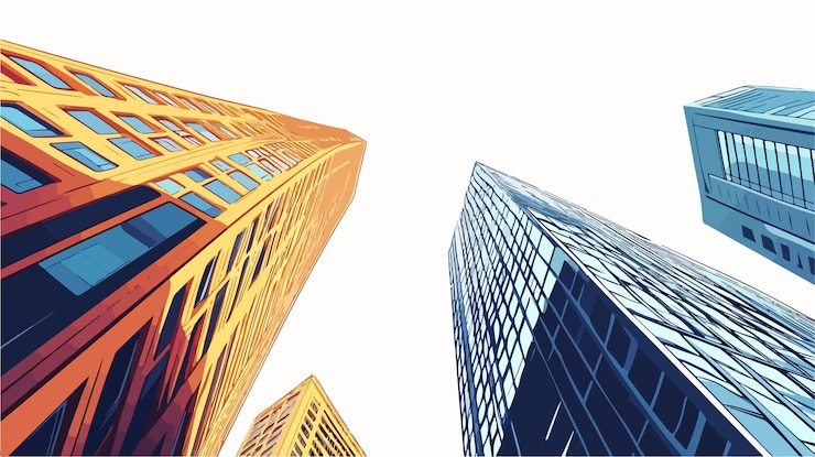 Vector impressive low angle shot of urban high rise buildings