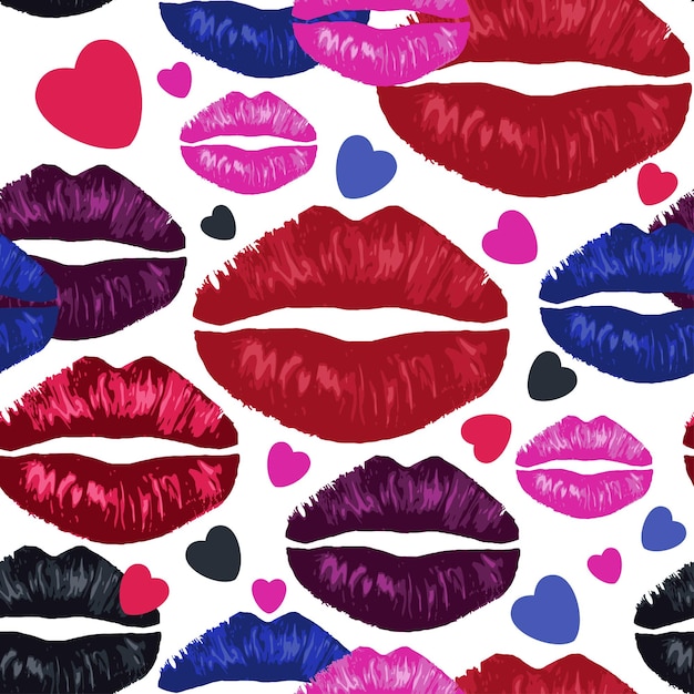 Imprints of various lipsticks and hearts. Dark lips. Vector seamless pattern with kisses.