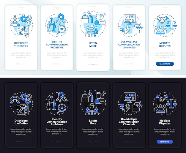 Improve teamwork night and day mode onboarding mobile app screen. Tips walkthrough 5 steps graphic instructions pages with linear concepts. UI, UX, GUI template. Myriad Pro-Bold, Regular fonts used