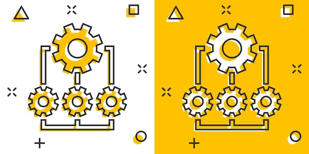 Vettore icona di miglioramento in stile fumetto illustrazione vettoriale del fumetto del progetto di ingranaggio su sfondo bianco isolato concetto di business con effetto splash di produttività