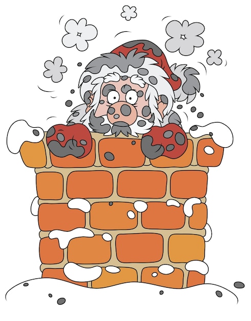 In de nacht voor Kerstmis kijkt de roetige Kerstman uit een oude schoorsteen op een besneeuwd dak