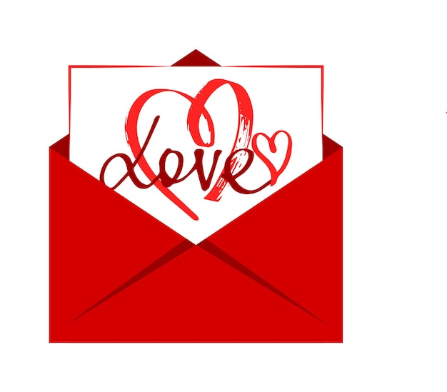 In de rode envelop zit een kaart met een hartje. Illustratie van een liefdesbrief. Vector illustratie. Vlak