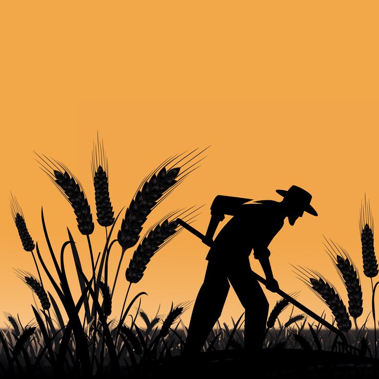 Vector in de warme gloed van de schemering werkt een silhouet van boeren onvermoeibaar als symbool van de toewijding achter