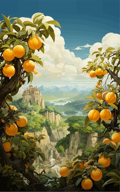 Вектор Перед горой есть оранжевая роща с большим количеством апельсинов, висящих на дереве.