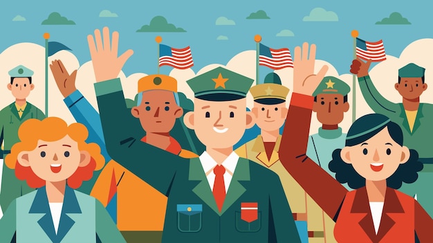 ベクトル in the midst of a bustling parade these brave veterans proudly raise their hands in a salute to