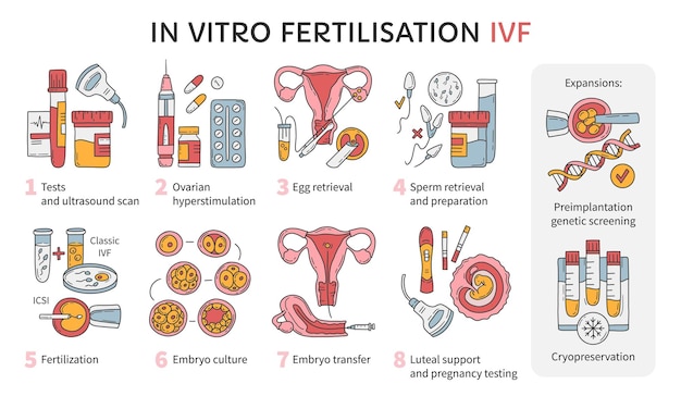 Vector in-vitrofertilisatie ivf vector infographic en onvruchtbaarheidsbehandelingsschema