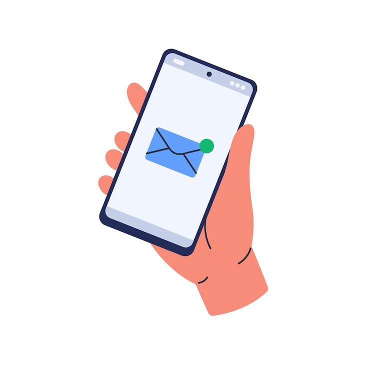 Vector inbox mail in app voor mobiele telefoon. smartphone ter beschikking met nieuw bericht, ongelezen brief. inkomende e-mail, sms ontvangen op het scherm van de mobiele telefoon. platte vectorillustratie geïsoleerd op een witte achtergrond.