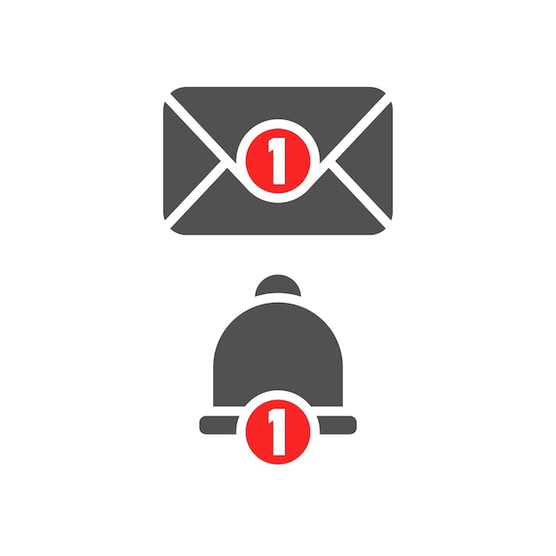 inbox new message and notification bell icon grey color object one new incoming report envelope with red circle and white number sign and reminder event for inbox in smartphone app