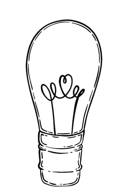 Vector incandescent light bulb heart shaped doodle linear