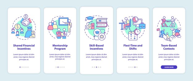 Стимулирование командной работы на экране мобильного приложения. Пошаговое руководство по мотивации, состоящее из 5 страниц с графическими инструкциями и линейными концепциями. Пользовательский интерфейс, UX, шаблон графического интерфейса. Используемые шрифты Myriad Pro-Bold, Regular