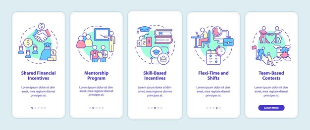 Incentivare il lavoro di squadra per l'onboarding della schermata dell'app mobile. guida alla motivazione 5 passaggi pagine di istruzioni grafiche con concetti lineari. ui, ux, modello gui. miriadi di caratteri pro-bold, normali utilizzati