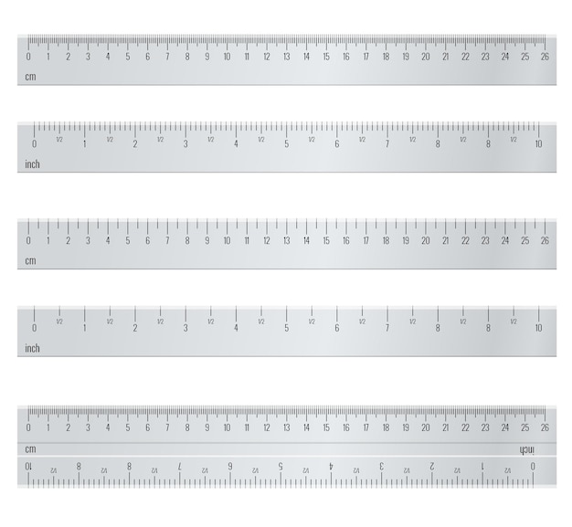 Inch en metrische linialen. centimeters en inches meetschaal cm metrische indicator. liniaal 10 inch en raster 26 cm. maat indicator eenheden. metrische centimeter maataanduidingen.