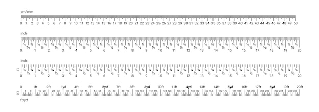 Inch and metric rulers Centimeters inches and foot yard and millimeter unit measuring scale Precision imperial measurement of ruler tools Vector set Length and distance indicators