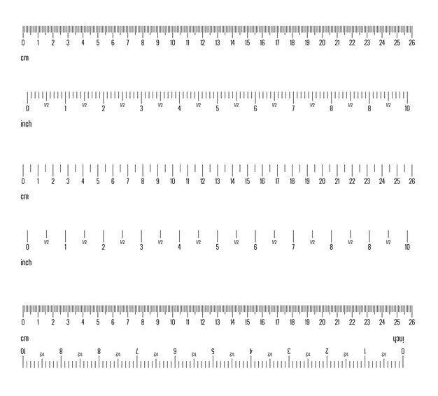 Vector inch and metric rulers centimeters and inches measuring scale cm metrics indicator ruler 10 inch and grid 26 cm size indicator units metric centimeter size indicators