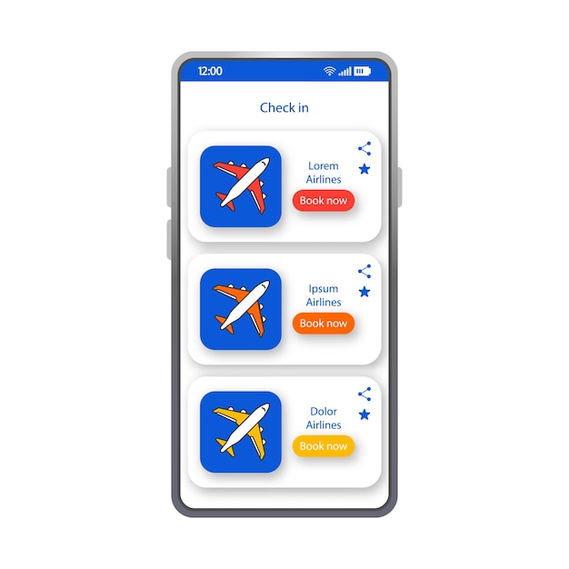 Inchecken app smartphone interface vector sjabloon. mobiele app pagina wit ontwerp lay-out. scherm vliegtickets boeken. platte gebruikersinterface voor toepassing van luchtvaartdiensten. telefoonweergave bestemmingskaart