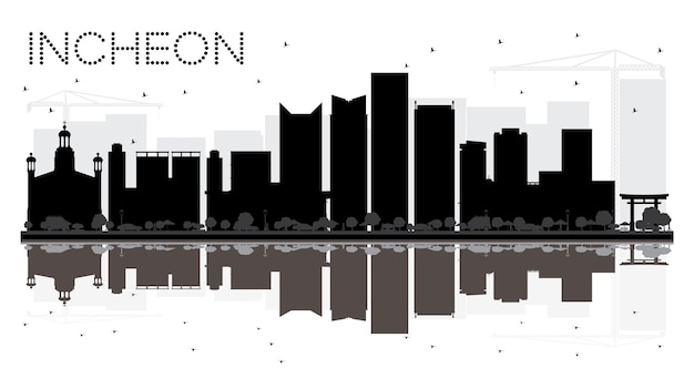 Incheon City skyline zwart-wit silhouet met reflecties. Vector illustratie. Eenvoudig plat concept voor toeristische presentatie, banner, plakkaat of website. Stadsgezicht met bezienswaardigheden.