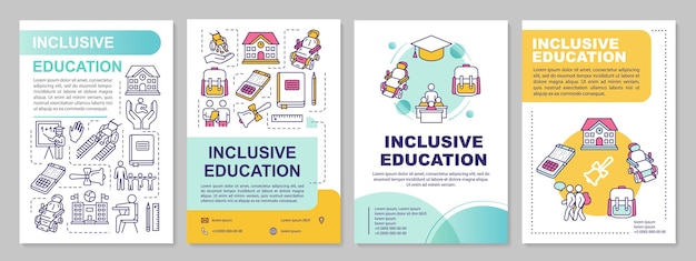 Modello di brochure per l'istruzione inclusiva. programma didattico per disabili. volantino, opuscolo, stampa di volantini, copertina con icone lineari. layout vettoriali per riviste, relazioni annuali, manifesti pubblicitari