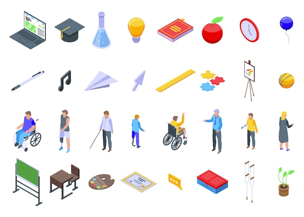 Inclusive education icons set, isometric style