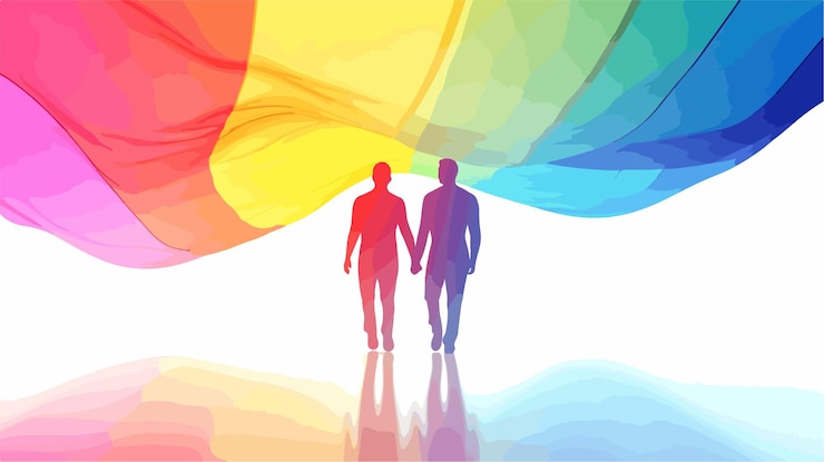 Vector inclusive men couple with rainbow flag at lgbt celebration event