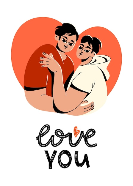 An inclusive Valentine's Day card. LGBT men hug. A cute card with a heart. Beautiful boyfriends