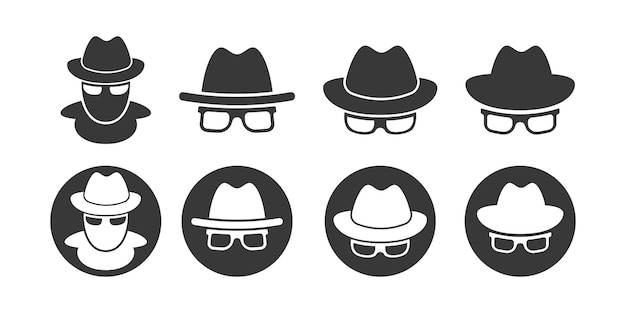 Incognito private mode vetor icon Anonymous spy symbol Man with hat and glasses