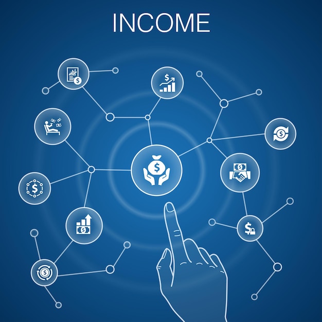 income concept, blue background. save money, profit, investment, profitability icons