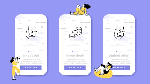 Income and expenses set icon Online banking app application dollar money coins statistics Financial management concept UI phone app screens Vector line icon for Business and Advertising