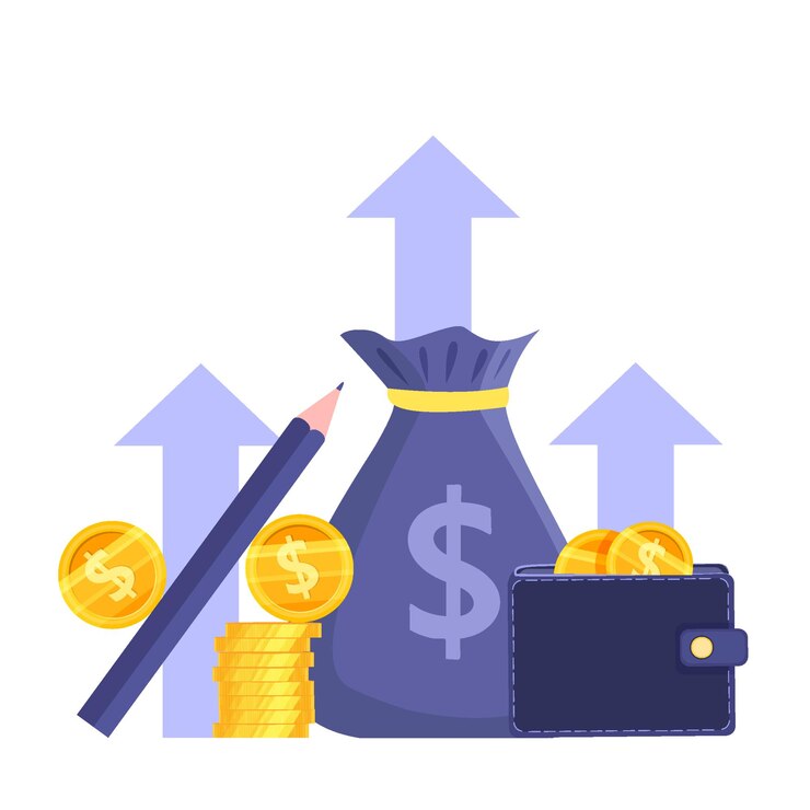 Vector income growth or revenue increase stock market concept with coin stack,wallet,dollars,money bag.