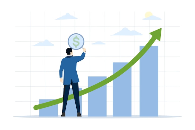 income or salary increase concept with businessman with magnifying glass on dollar sign