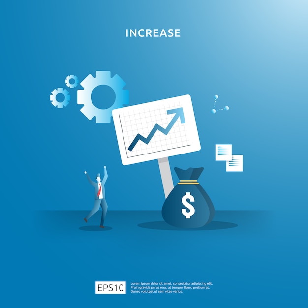 所得給与率は、人々の文字と矢印の概念図を増やします。投資収益率roiの財務パフォーマンス。ビジネス利益の成長、販売はドル記号でマージン収益を成長させます