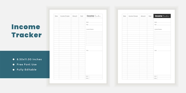 Income tracker minimal planner printable pages templates