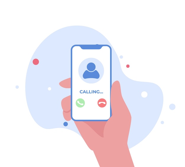 Vector incoming call on mobile phone hand holding smartphone with incoming phone call screen vector illustration