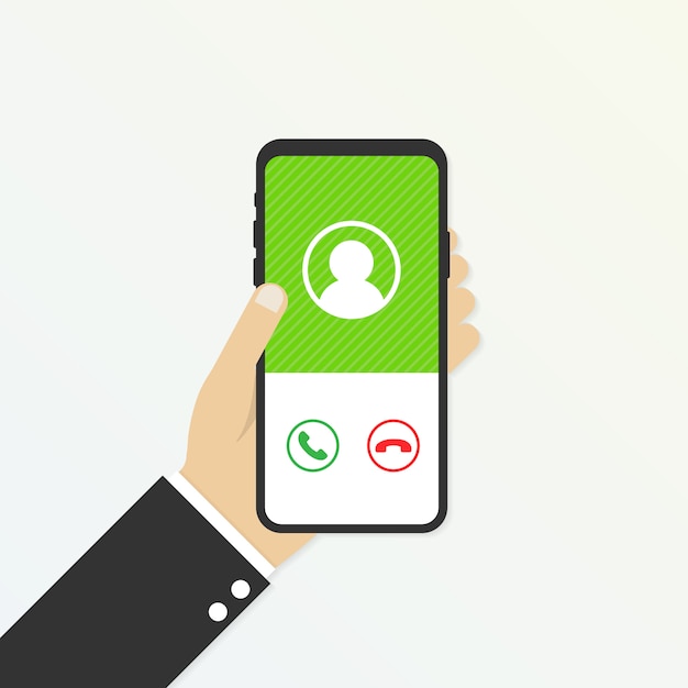 Vector incoming call on phone screen. calling service. hand holds smartphone, finger touch screen. vector illustration.