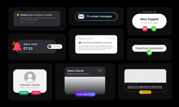 Incoming Messages Notifications Big Set of Illustrations Social Media UI Concept in Minimalistic Design on Black Background Fully Editable Web Element for Mobile Applications