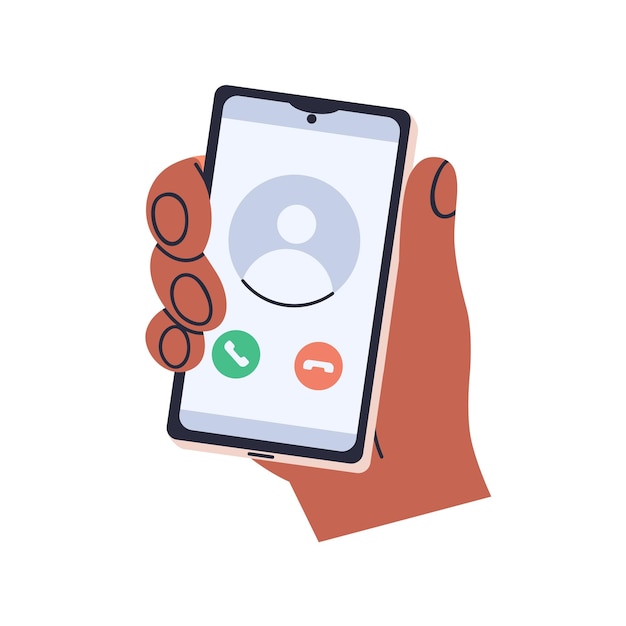 Incoming phone call on mobile screen Hand holds smartphone with accept receive answer and decline hang up button Unknown contact on cell Flat vector illustration isolated on white background