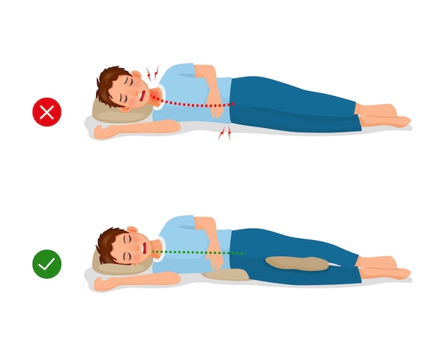 Incorrect and correct neck spine and knee alignment of young man sleeping body posture